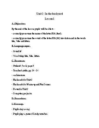 Giáo án Tiếng Anh 2 (Global success) - Unit 2: In the backyard (lesson 1)