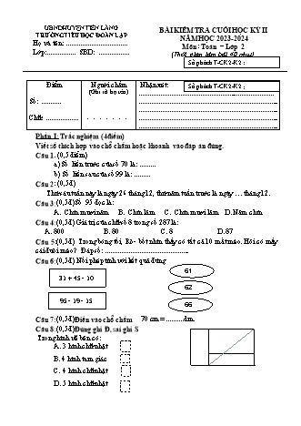 Đề kiểm tra cuối học kì 2 môn Toán 2 - Năm học 2023-2024 - Trường Tiểu học Đoàn Lập