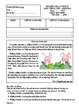 Đề kiểm tra cuối kì 2 môn Tiếng Việt 2 - Năm học 2024-2025 - Trường Tiểu học Đoàn Lập (Có đáp án + Ma trận)